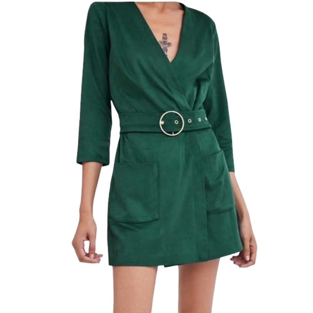 Zara TRF Collection Dark Green Faux Suede Belted Mock Wrap Romper Size Medium.